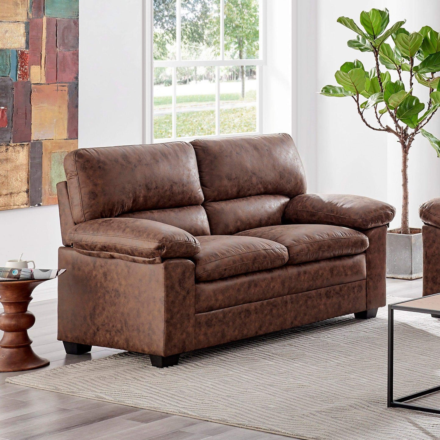 Oxford Bonded Faux Leather Sofa Suite Light Brown-Bargainia.com
