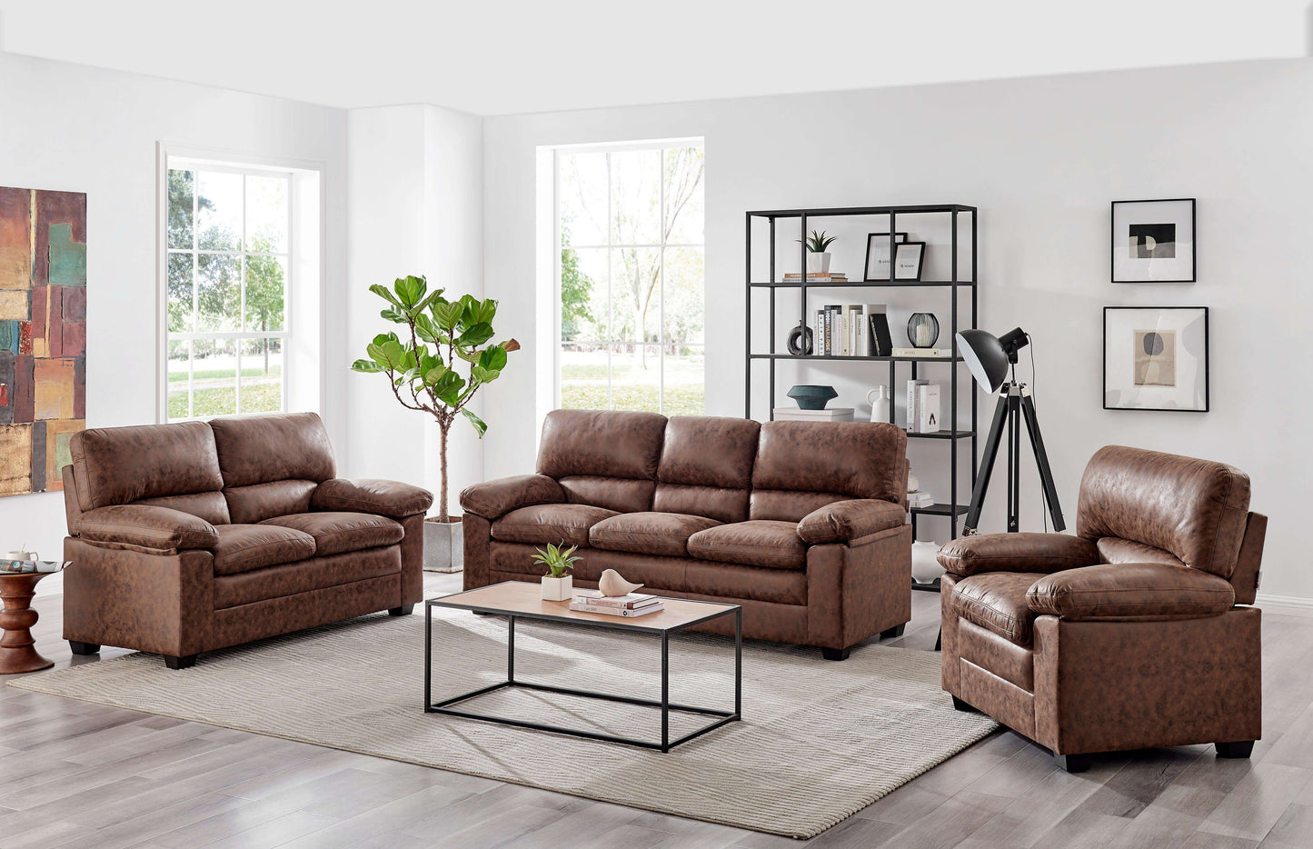 Oxford Bonded Faux Leather Sofa Suite Light Brown-Bargainia.com