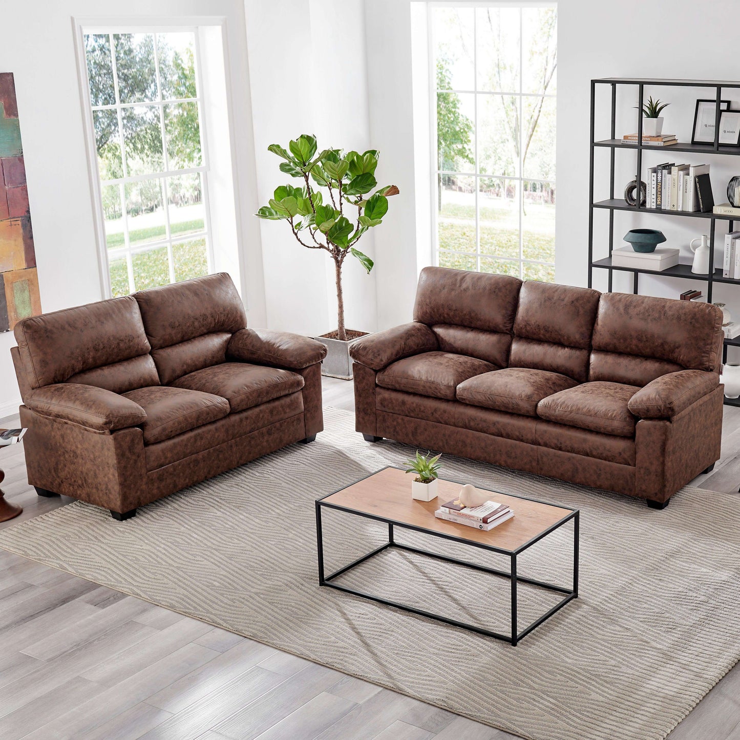 Oxford Bonded Faux Leather Sofa Suite Light Brown-Bargainia.com