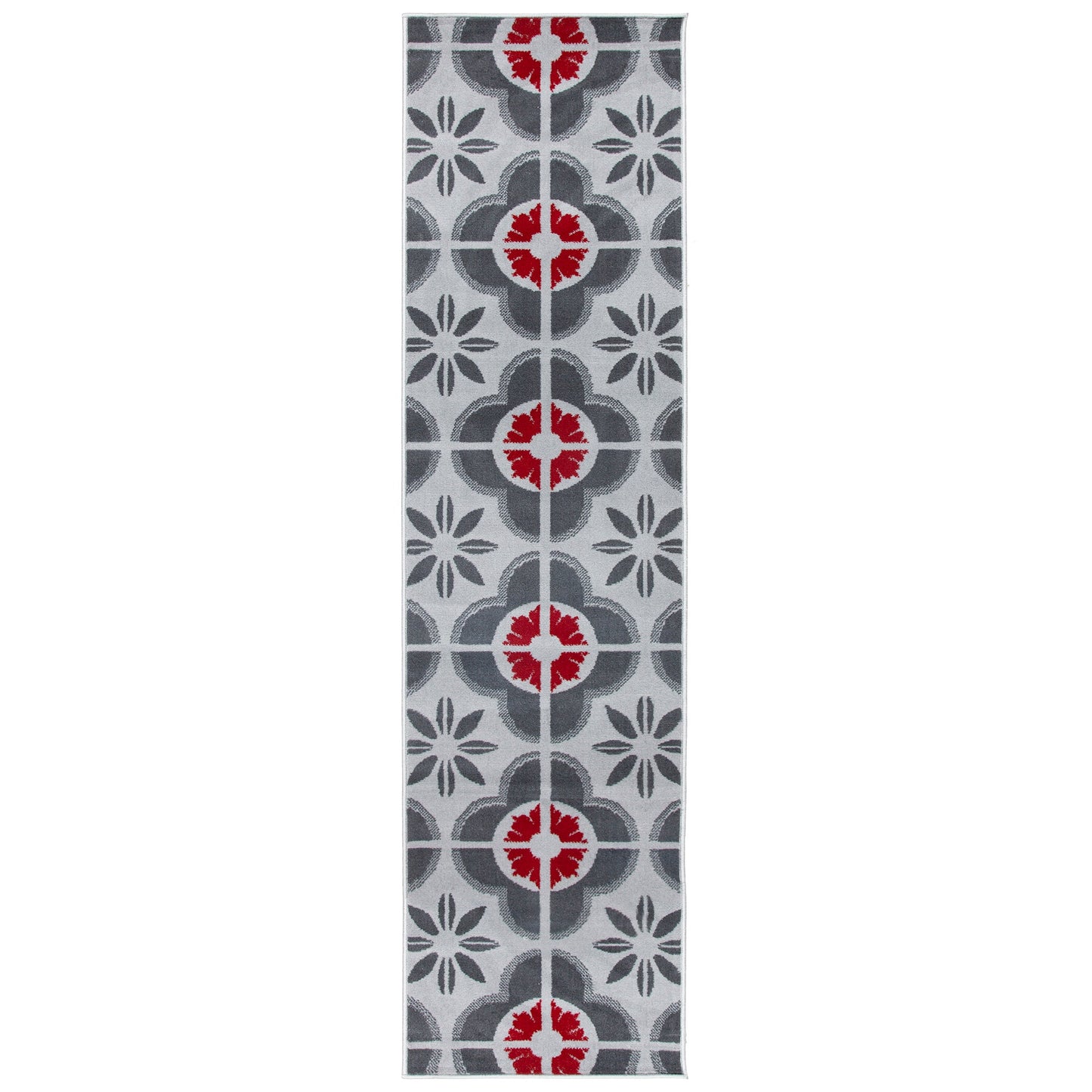 Red & Grey Floral Tiles Stair Runner / Kitchen Mat - Texas (Custom Sizes Available)-5056150271314-Bargainia.com
