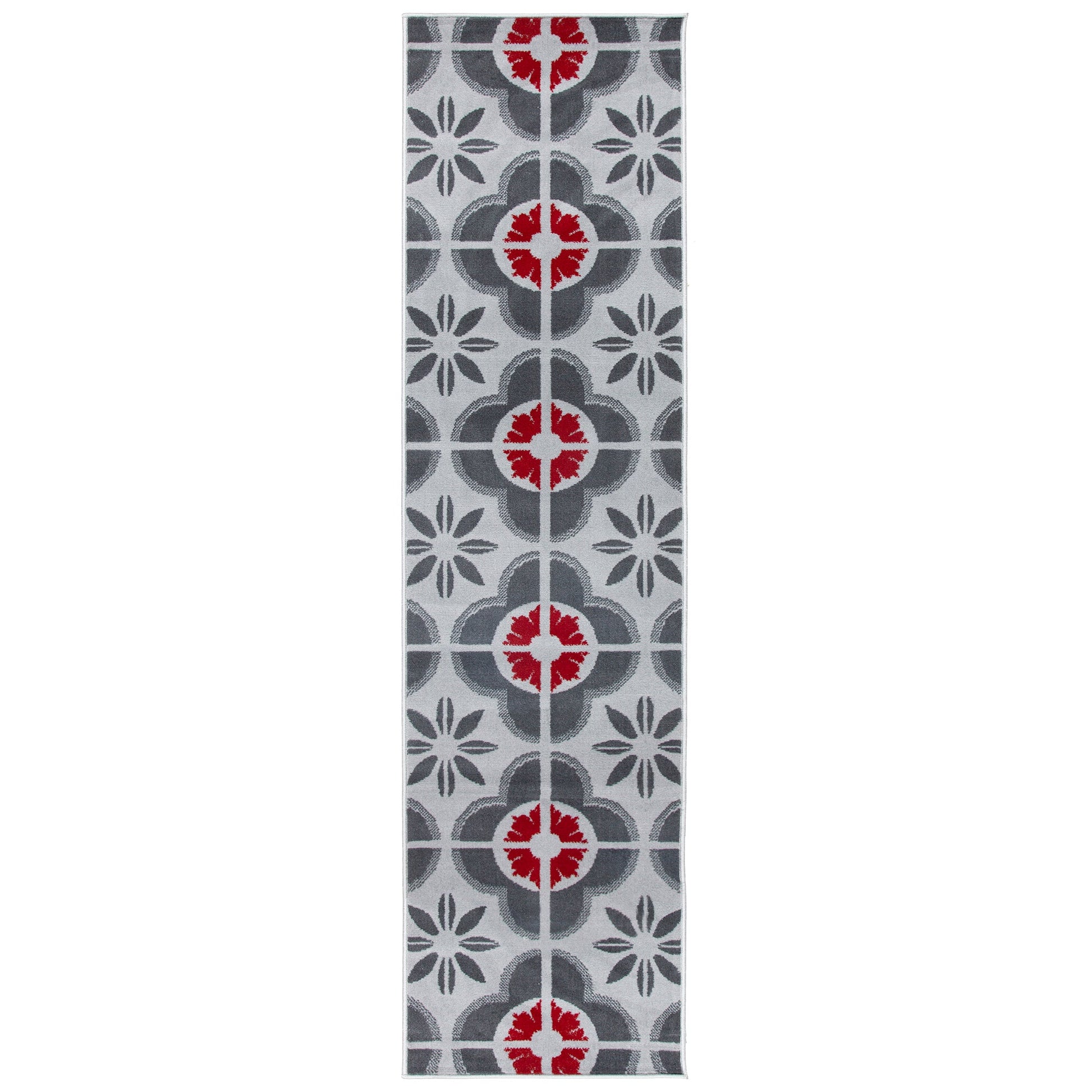 Red & Grey Floral Tiles Stair Runner / Kitchen Mat - Texas (Custom Sizes Available)-5056150271314-Bargainia.com