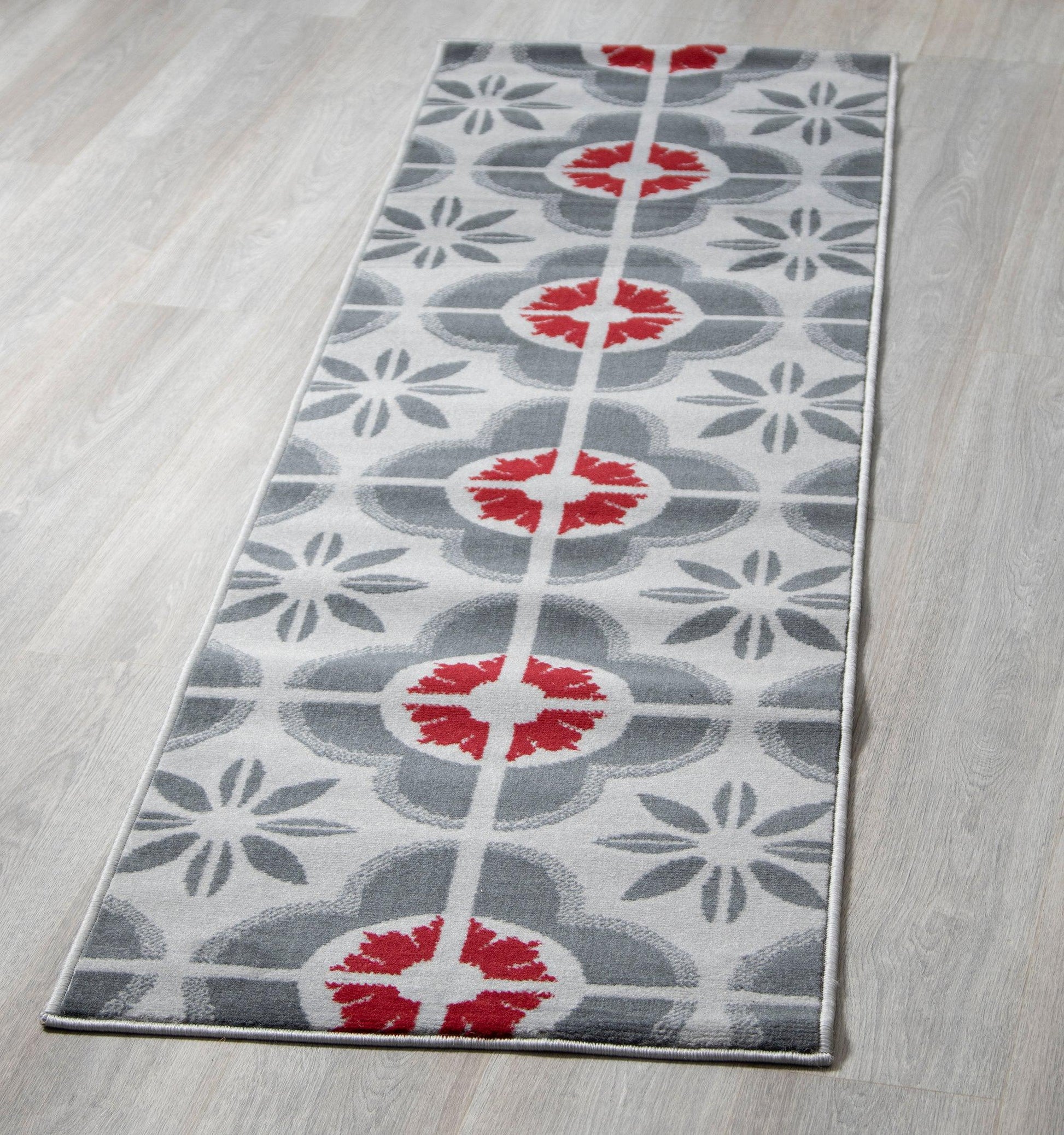 Red & Grey Floral Tiles Stair Runner / Kitchen Mat - Texas (Custom Sizes Available)-5056150271314-Bargainia.com