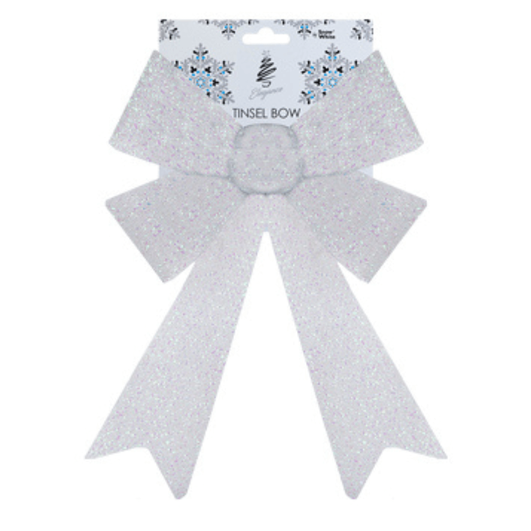 Christmas Tinsel Bow White Glitter 22cm