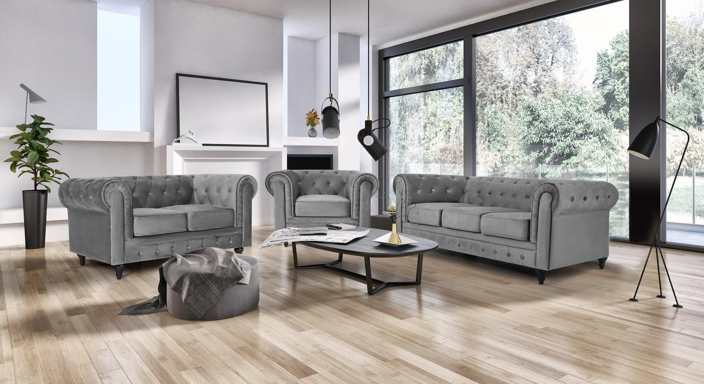 Velvet Chesterfield Sofa Suite - Grey-Bargainia.com