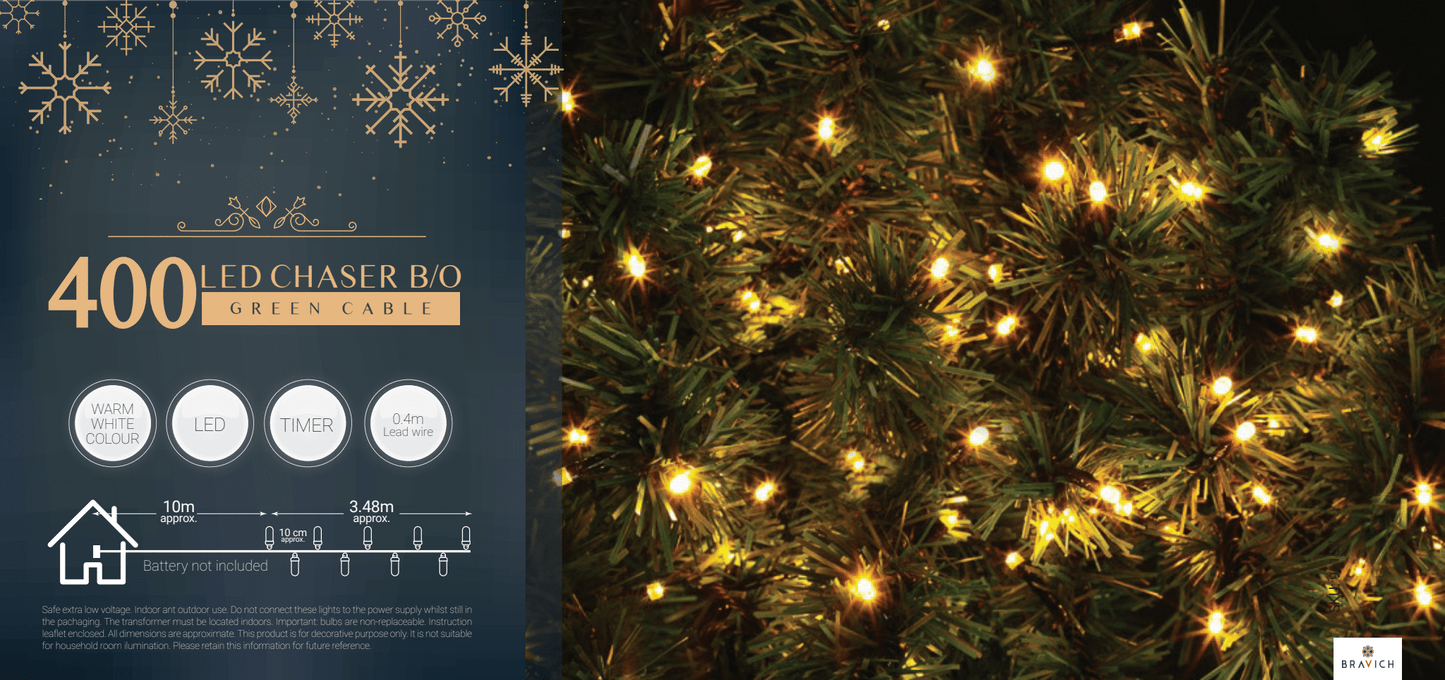 Indoor Battery Operated 8 Function LED Fairy Lights with Green Cable (400 Lights ) - Warm White Lights-5056150226338-Bargainia.com