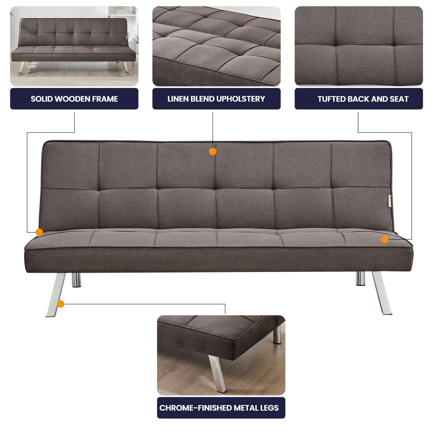 Britney Essentials 3 Seater Click Clack Sofa Bed - Brown-Bargainia.com