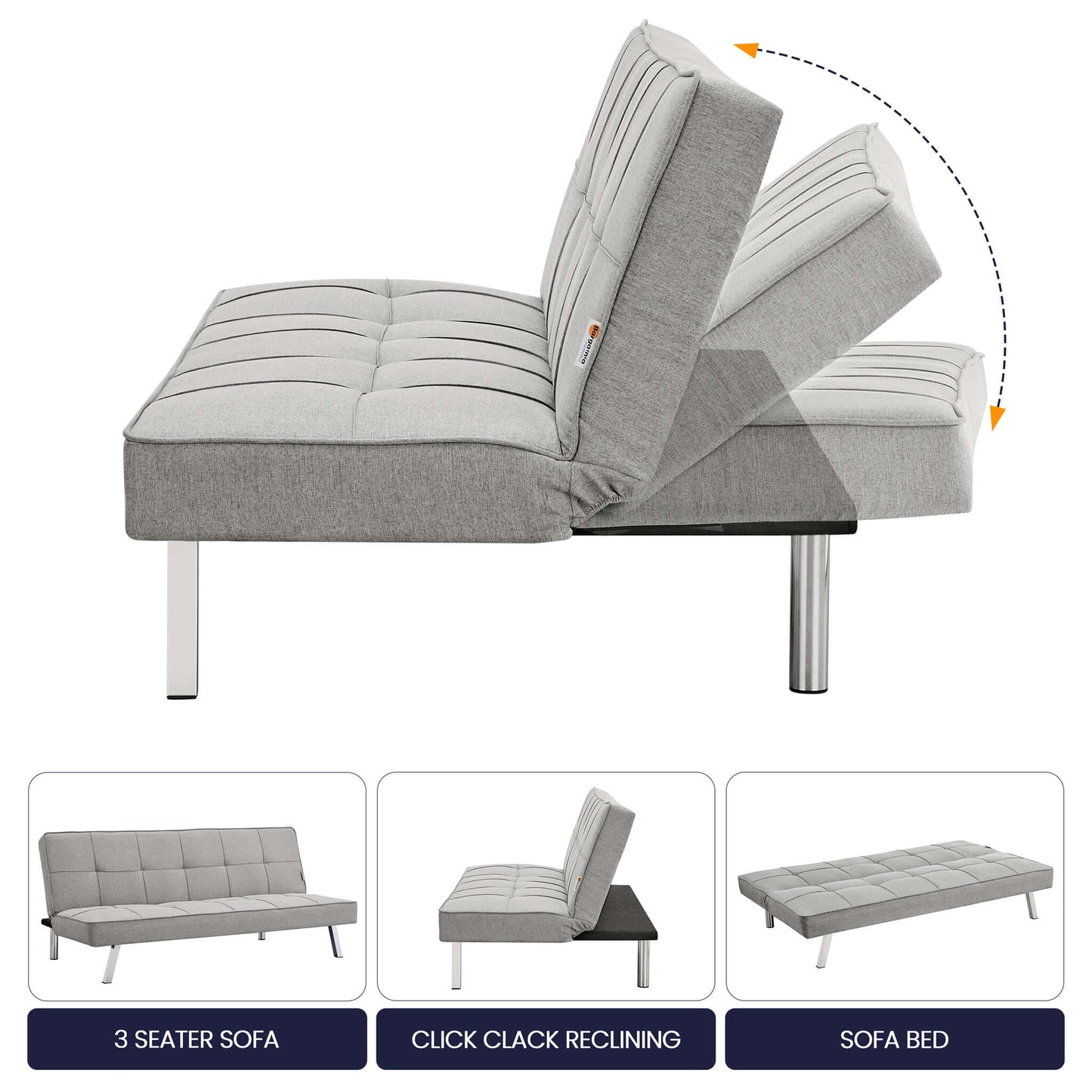 Britney Essentials 3 Seater Click Clack Sofa Bed - Grey-Bargainia.com