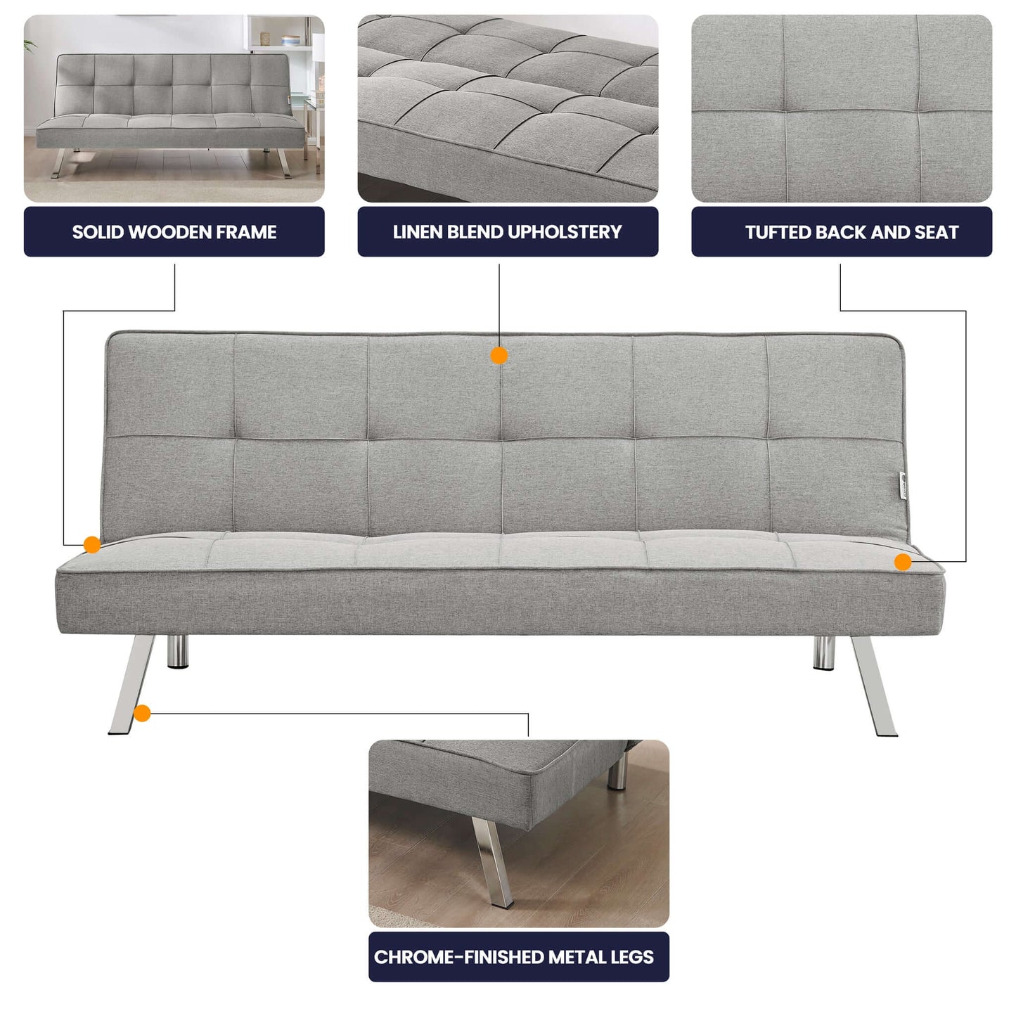 Britney Essentials 3 Seater Click Clack Sofa Bed - Grey-Bargainia.com