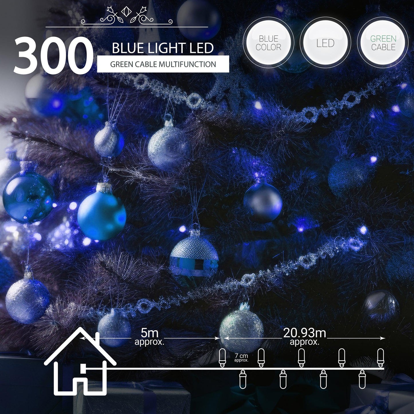 Indoor/Outdoor 8 Function LED Waterproof Fairy Lights with Green Cable (300) - Blue-8800225808229-Bargainia.com
