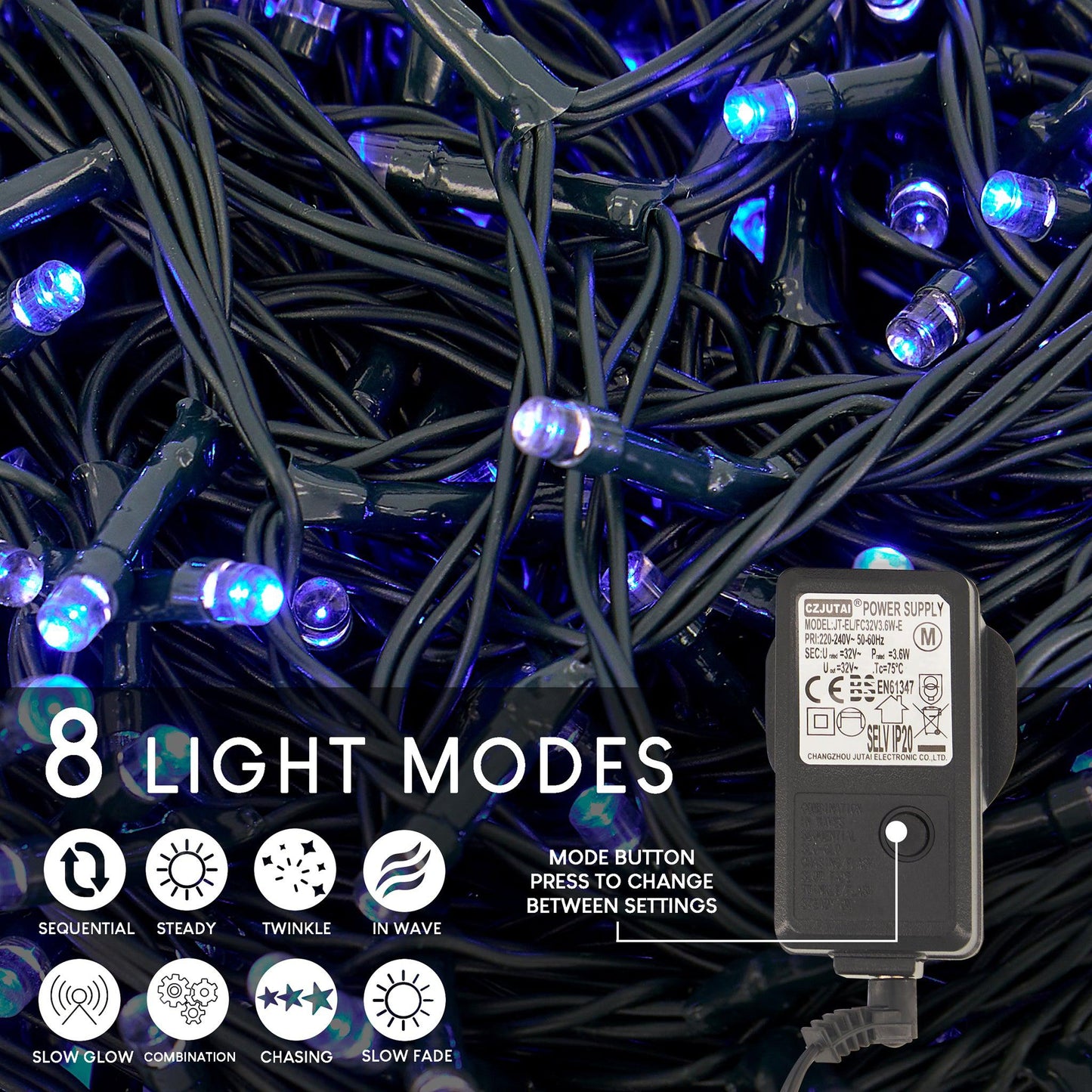 Indoor/Outdoor 8 Function LED Waterproof Fairy Lights with Green Cable (300) - Blue-8800225808229-Bargainia.com