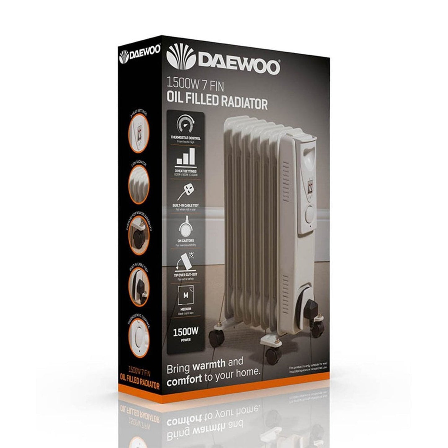 Daewoo 1500W Oil Filled Electric Radiator - White-5024996809763-Bargainia.com