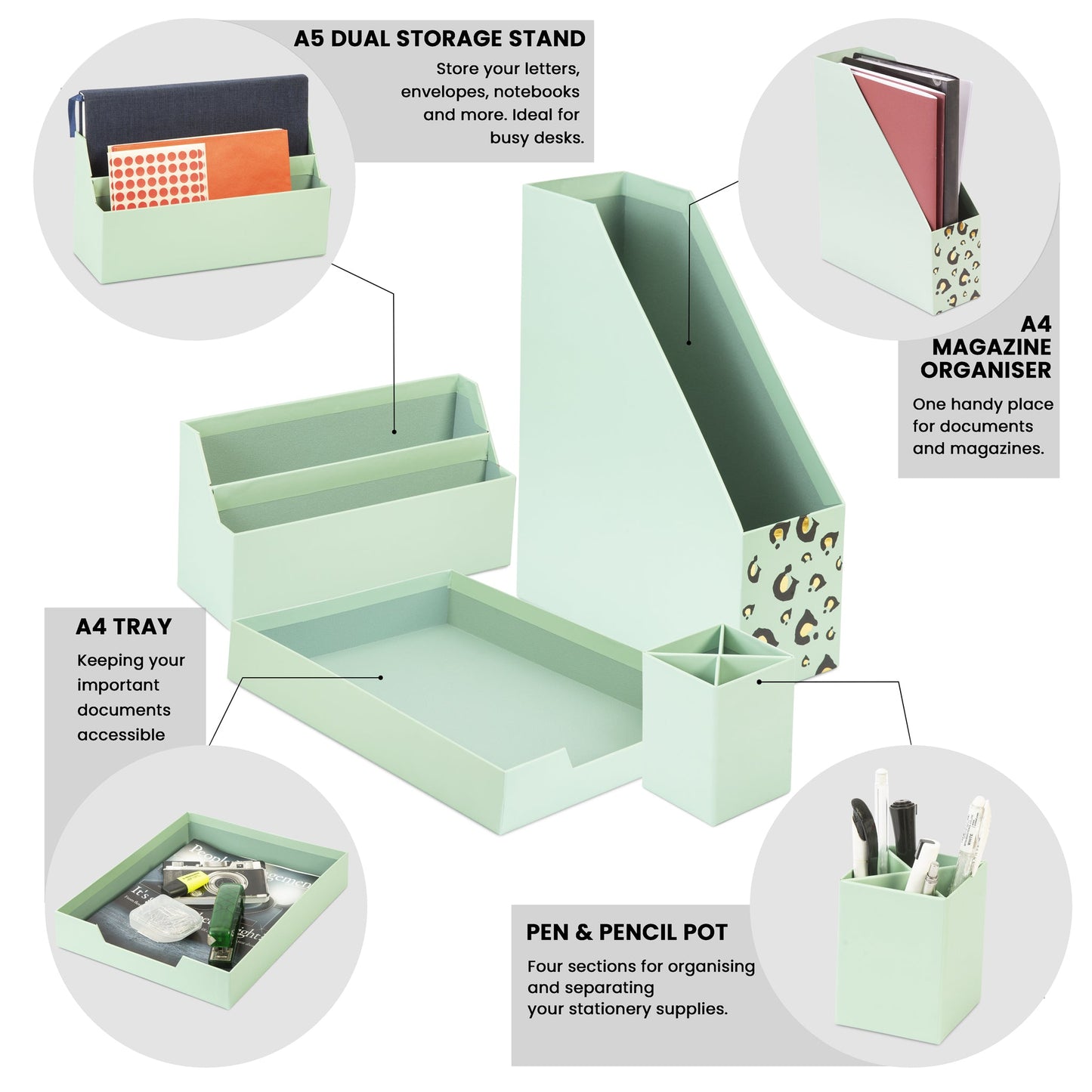 Desk Organiser Set - Mint Green - 4 Pcs-8718964077441-Bargainia.com