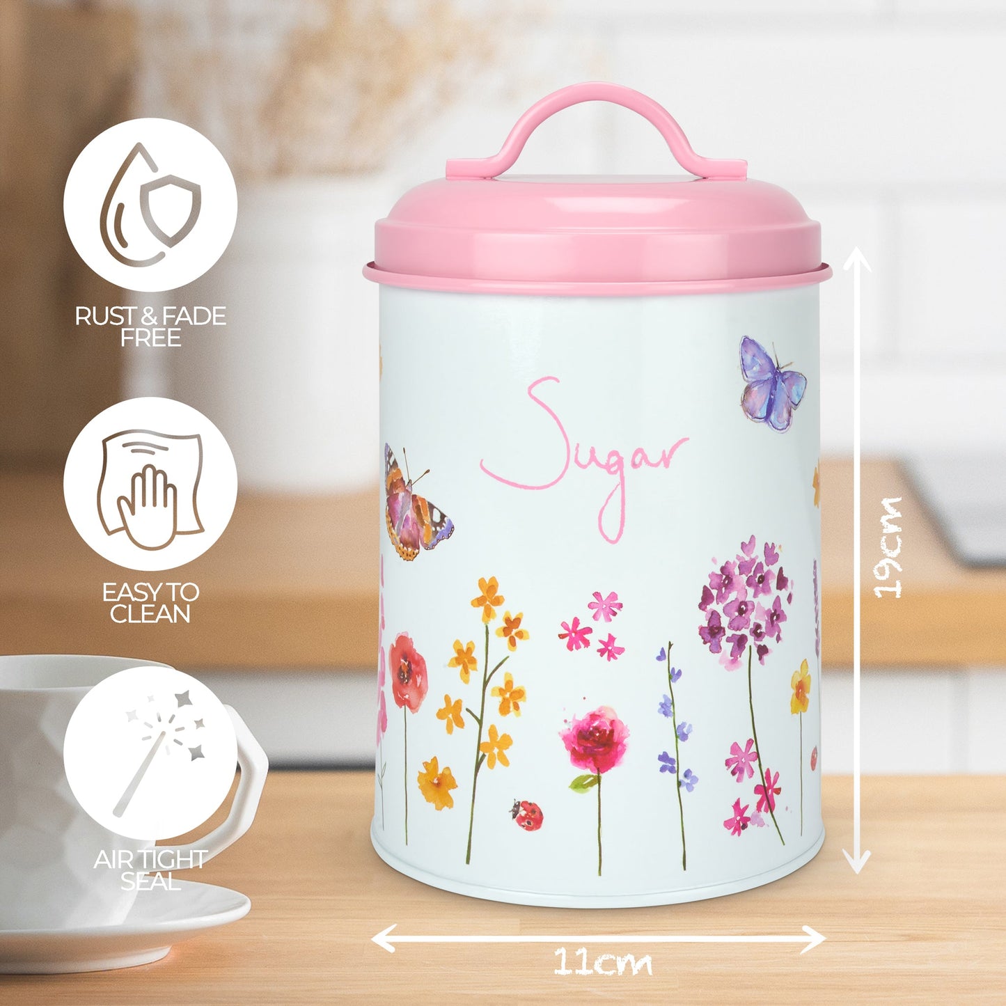 Butterfly Garden Floral Sugar Canister Storage Tin 19cm-5010792467276-Bargainia.com