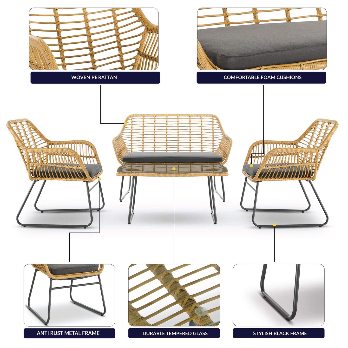 4 Piece Wicker Rattan Garden Sofa, Table & Chairs Set-Bargainia.com