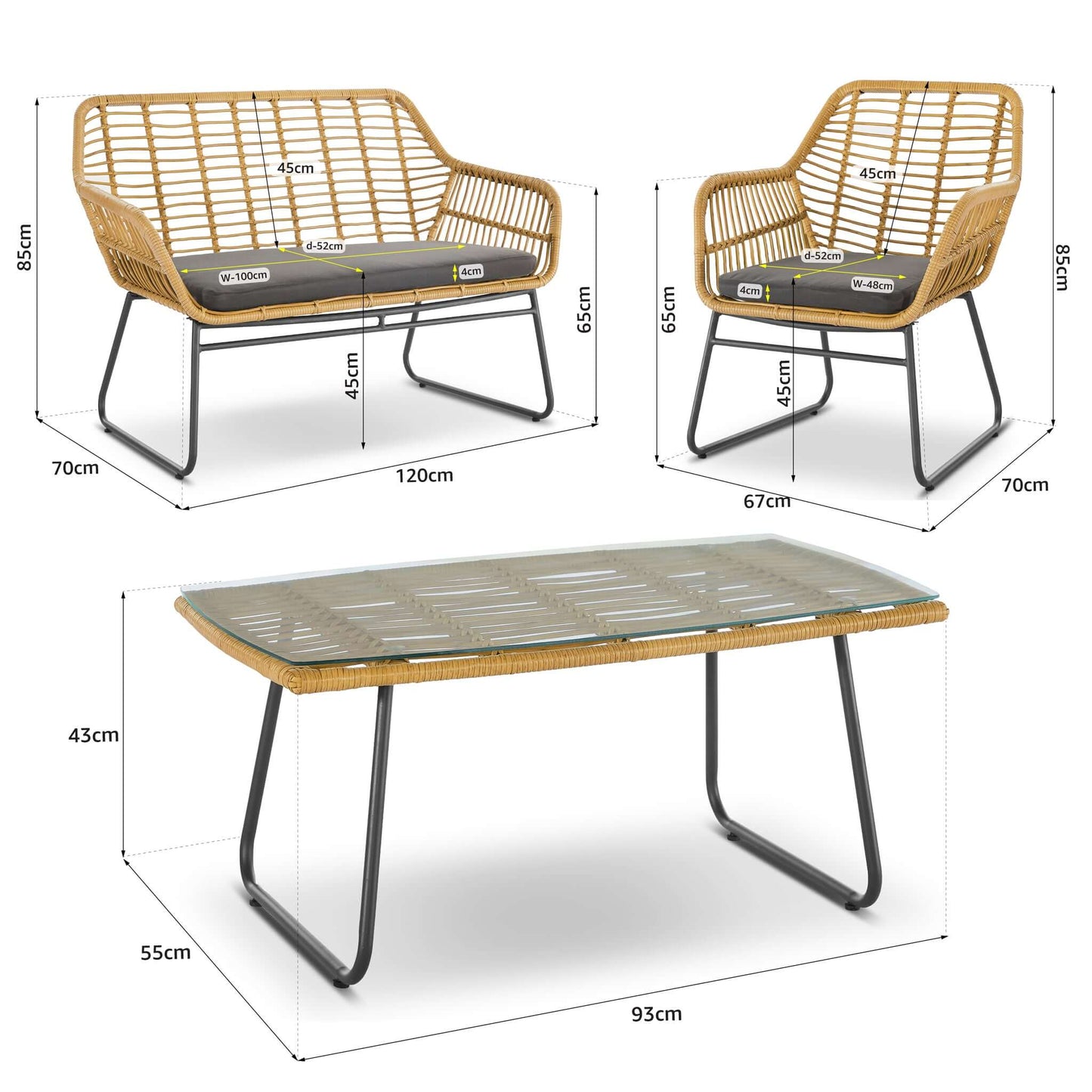 4 Piece Wicker Rattan Garden Sofa, Table & Chairs Set-Bargainia.com