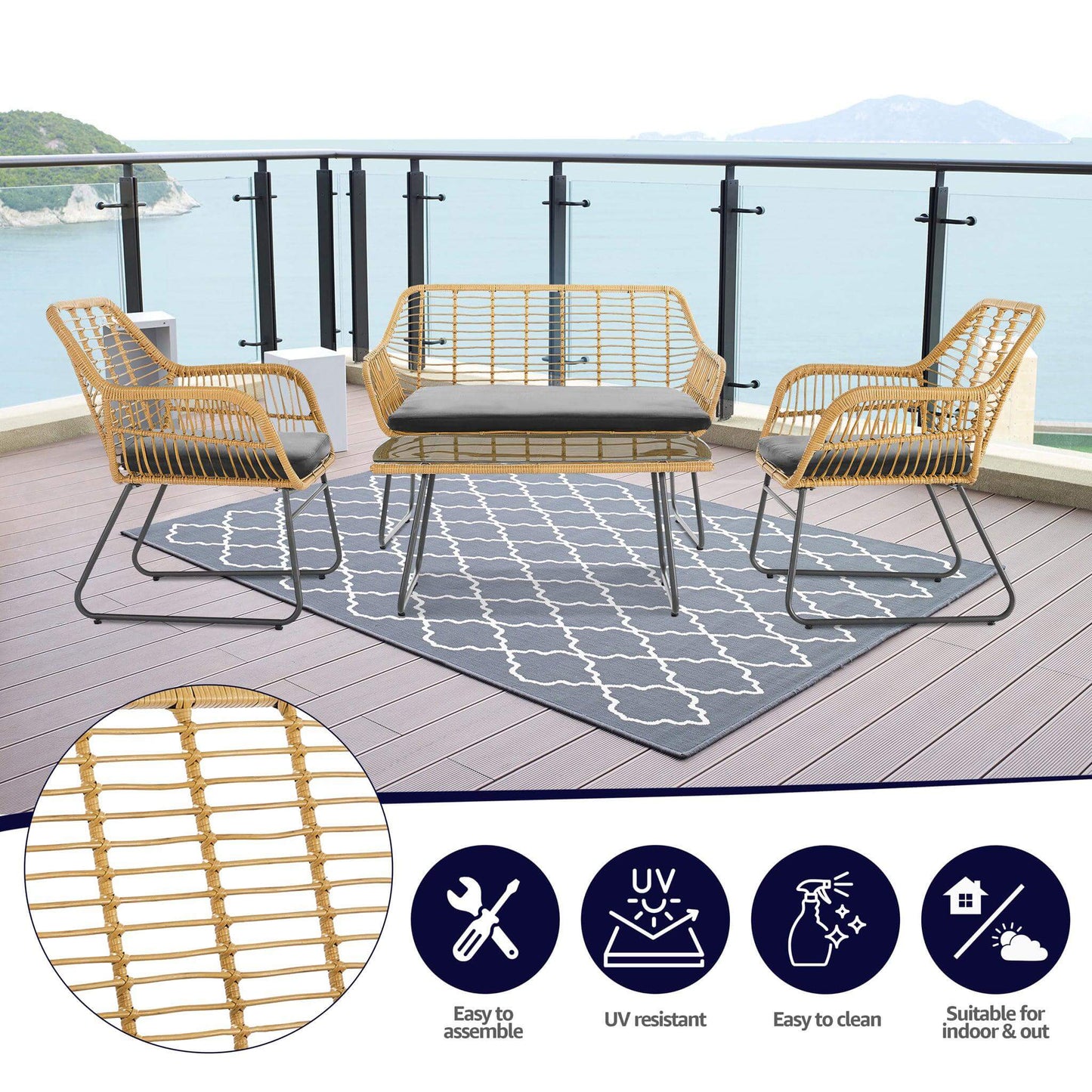 4 Piece Wicker Rattan Garden Sofa, Table & Chairs Set-Bargainia.com
