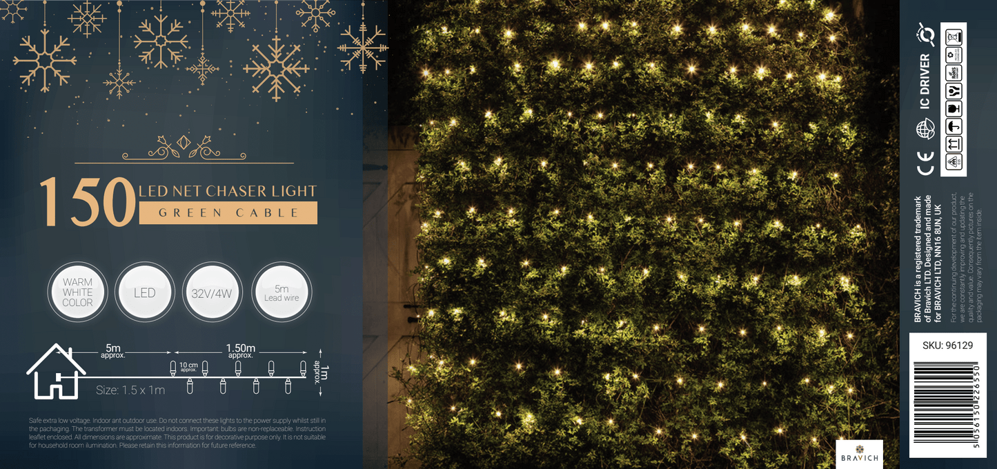 Indoor/Outdoor 8 Function LED Window Net Lights with Green Cable (150 Lights - 1M x 1.5M) - Warm White-5056150226550-Bargainia.com