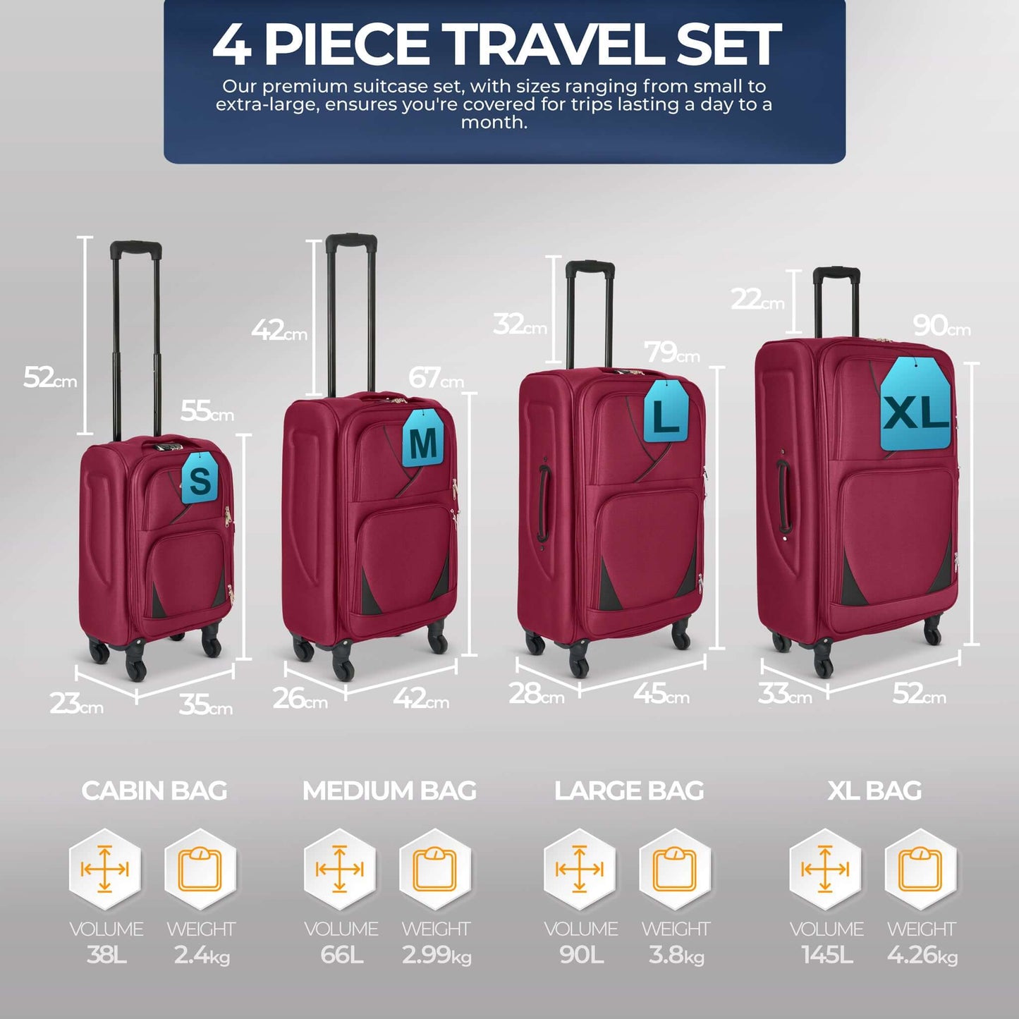 Suitcase Luggage Set On Wheels - 4 Pieces, Assorted Colours-Bargainia.com