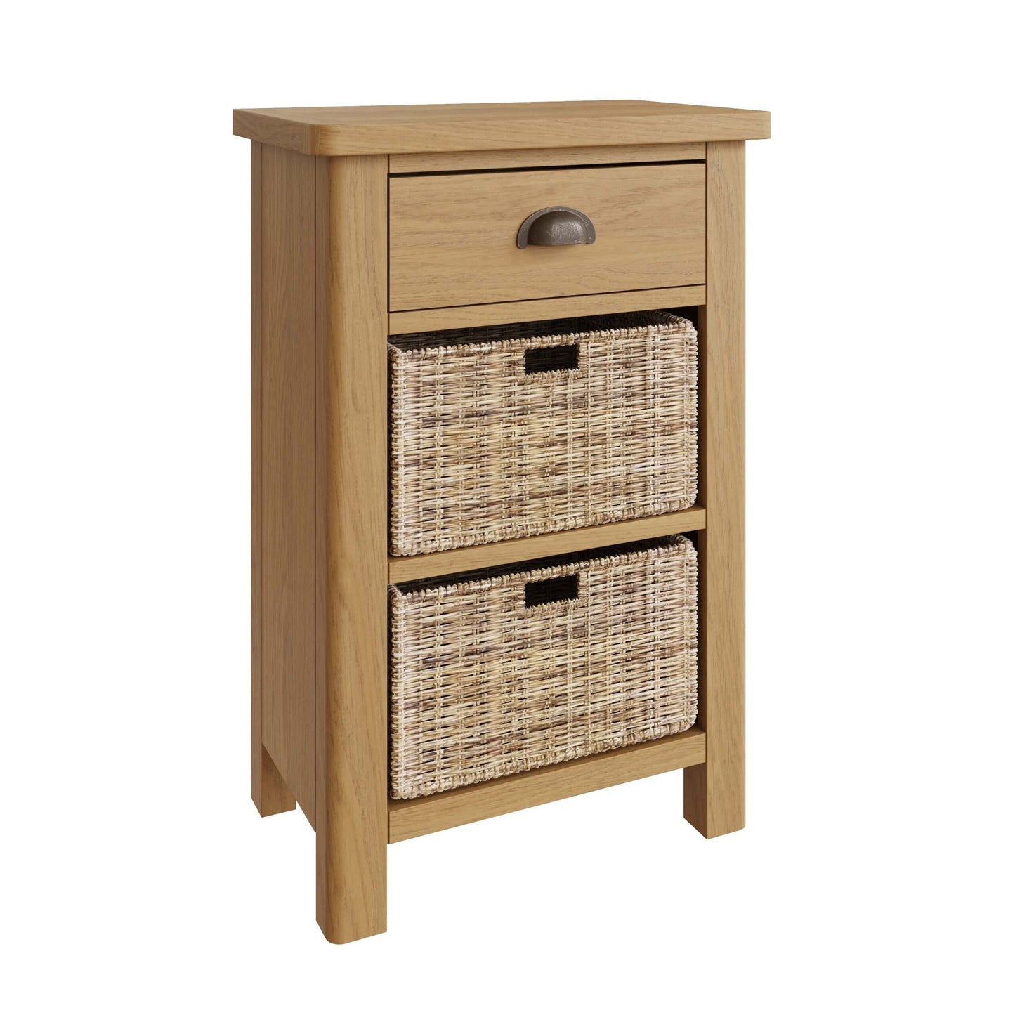 Clara Rustic Oak Side 1 Drawer 2 Wicker Baskets Side Table