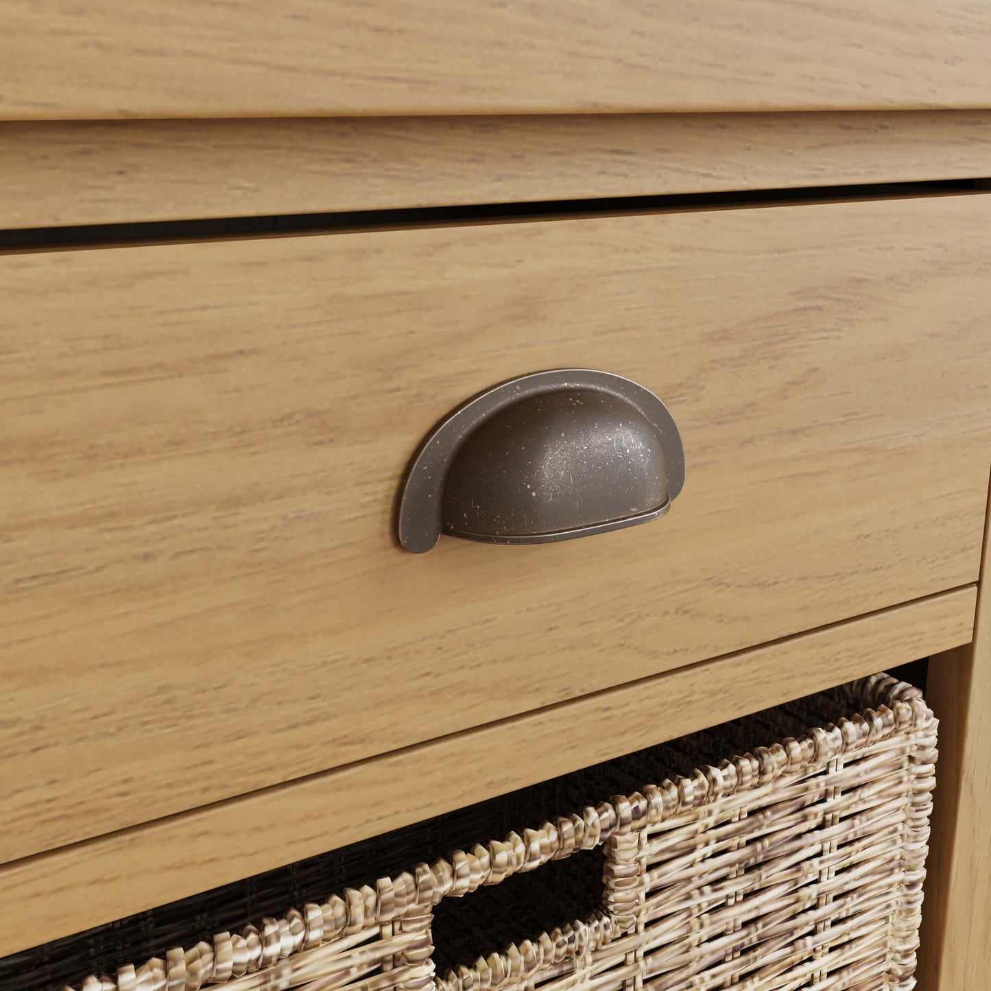 Clara Rustic Oak Side 1 Drawer 2 Wicker Baskets Side Table