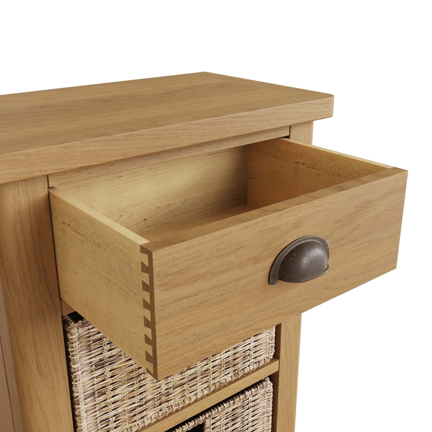 Clara Rustic Oak Side 1 Drawer 2 Wicker Baskets Side Table