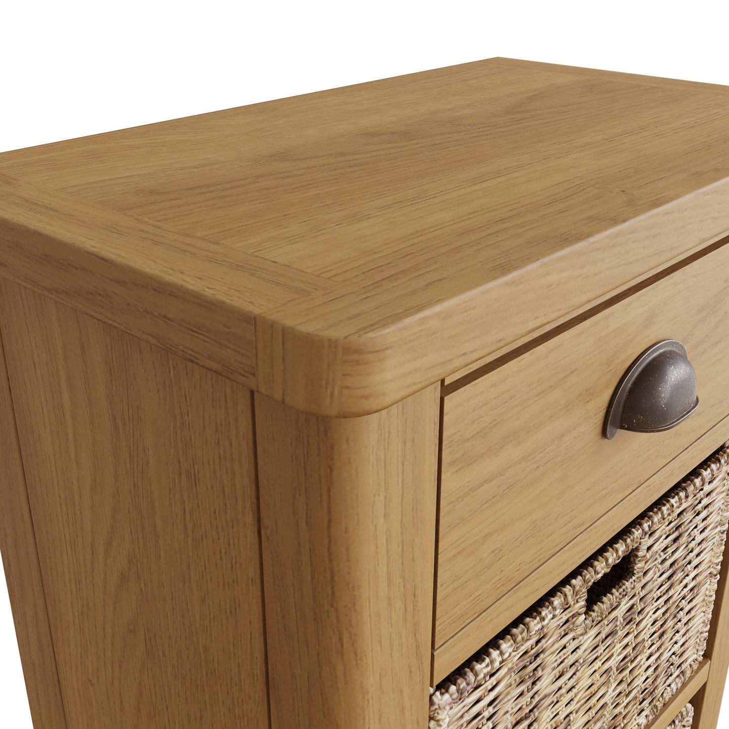 Clara Rustic Oak Side 1 Drawer 2 Wicker Baskets Side Table
