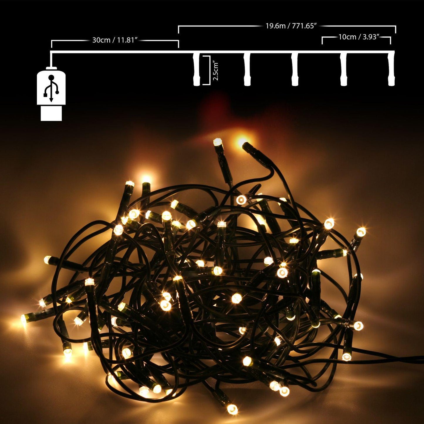 USB Warm White LED Fairy Lights (200 Lights - 8 functions)