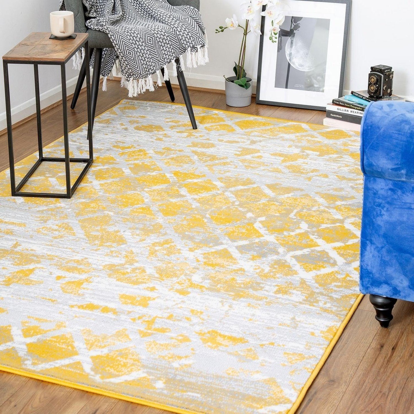 Mustard Contemporary Faded Tiles Design Rug - Texas - Bargainia.com
