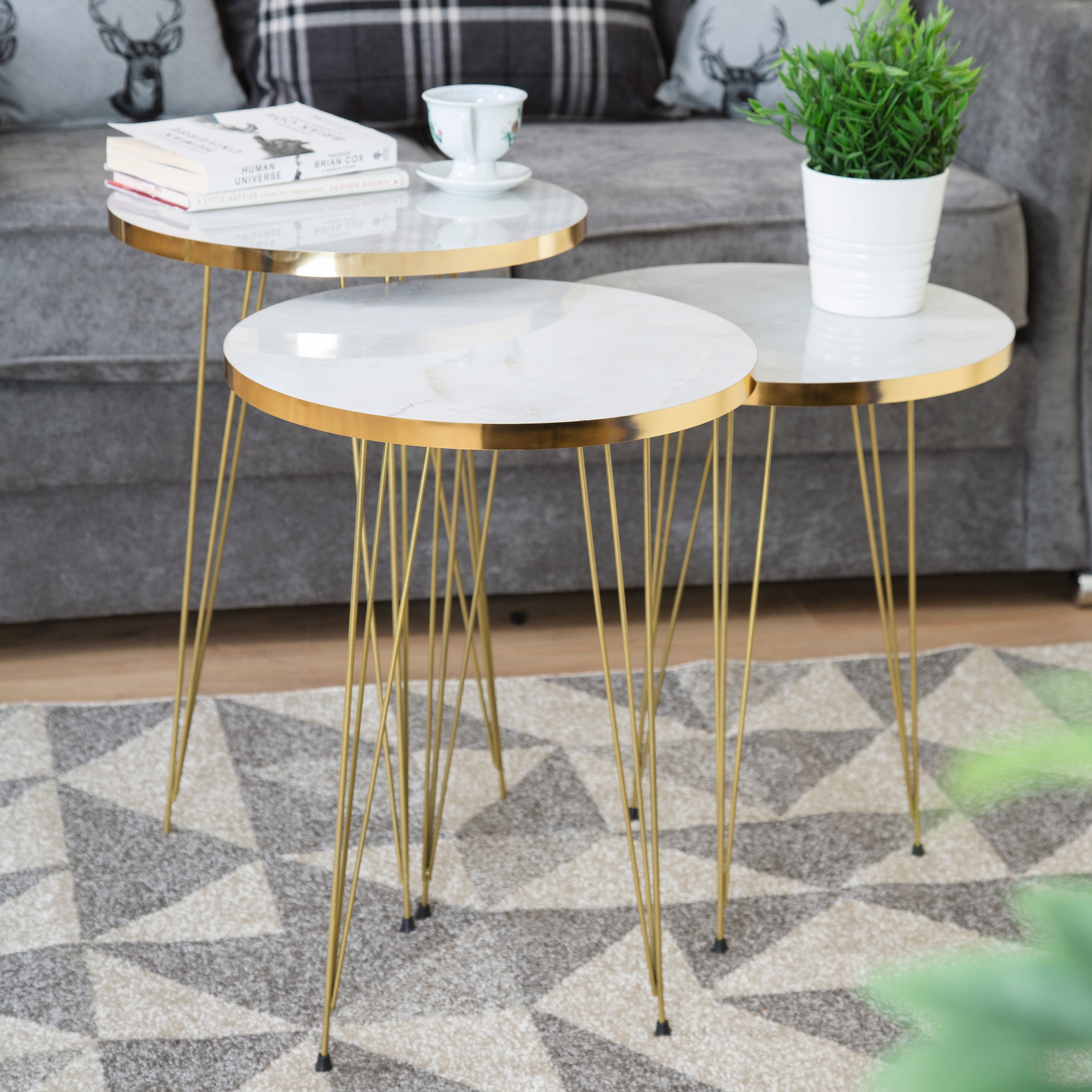 Tigris Set of 3 Round Side Tables - White & Gold Marble