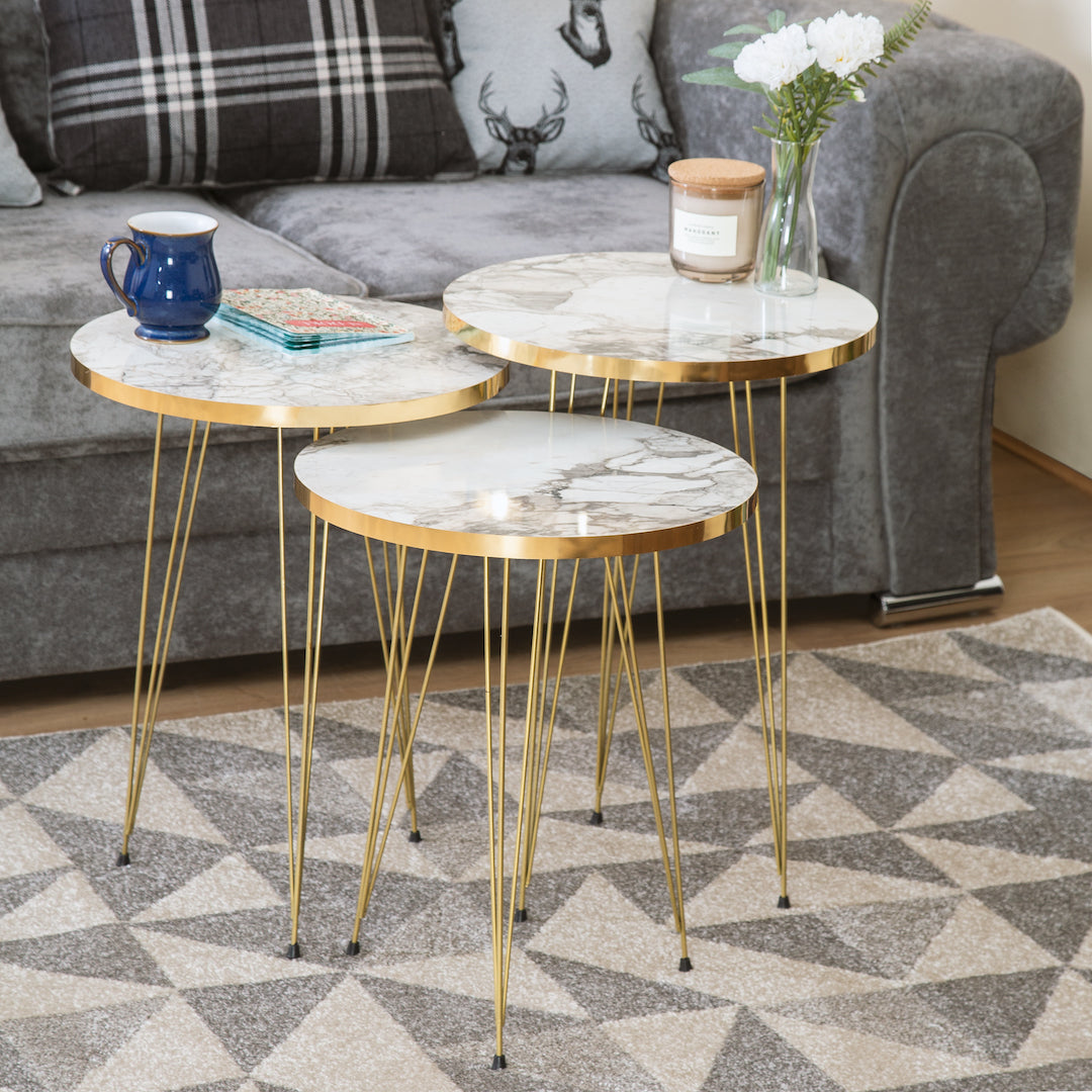 Terek Set of 3 Round Side Tables - White Marble & Gold
