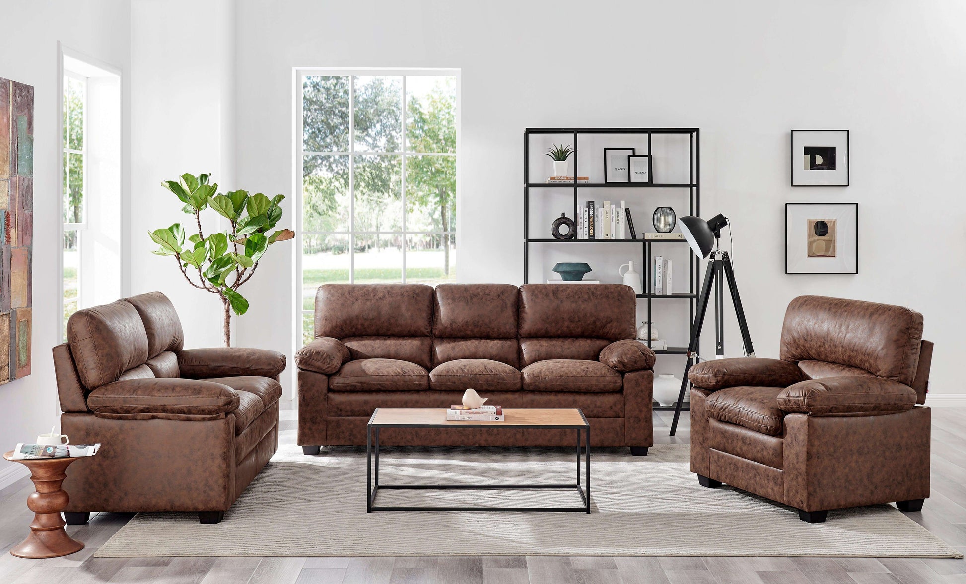 Oxford Bonded Faux Leather Sofa Suite Light Brown-Bargainia.com