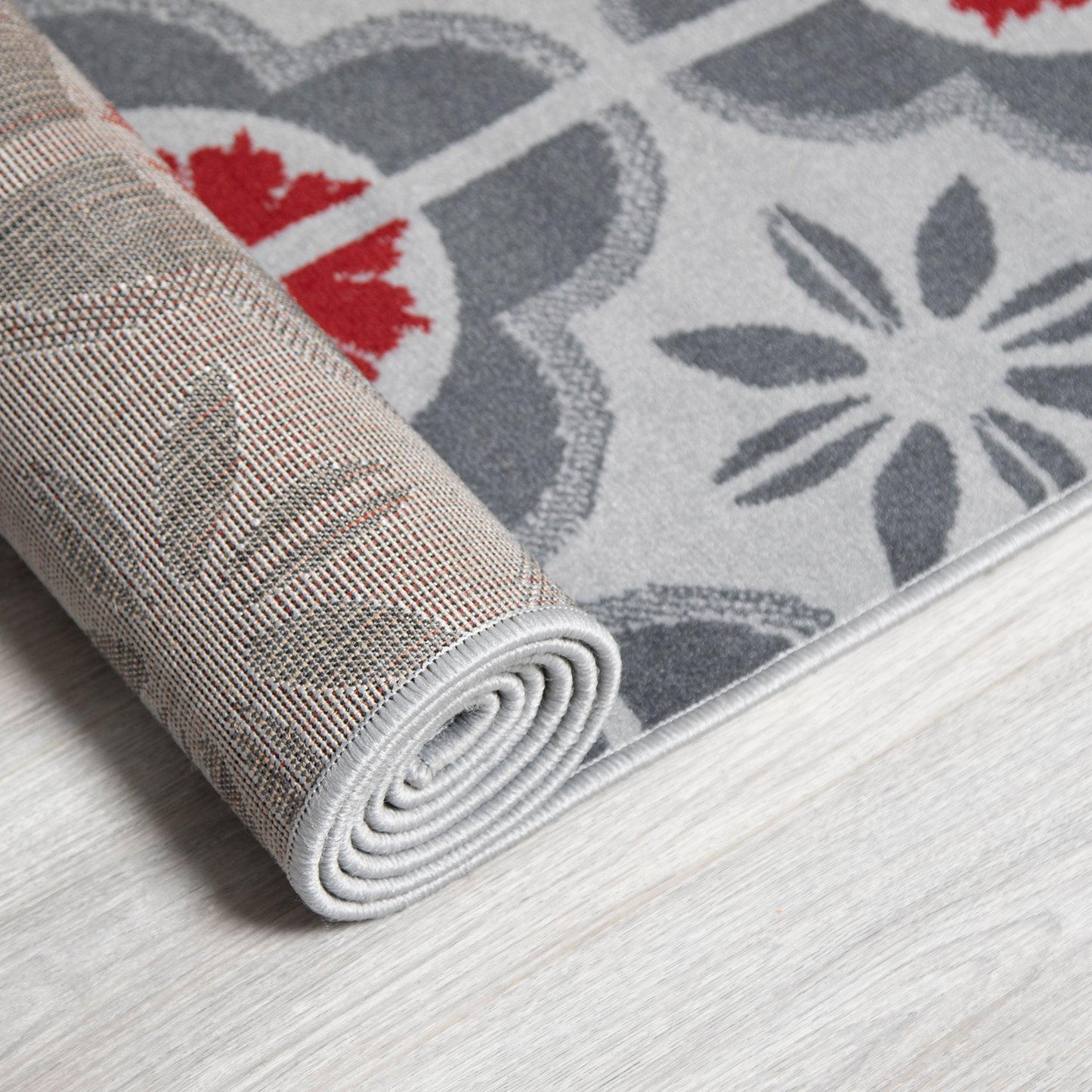 Red & Grey Floral Tiles Stair Runner / Kitchen Mat - Texas (Custom Sizes Available)-5056150271314-Bargainia.com