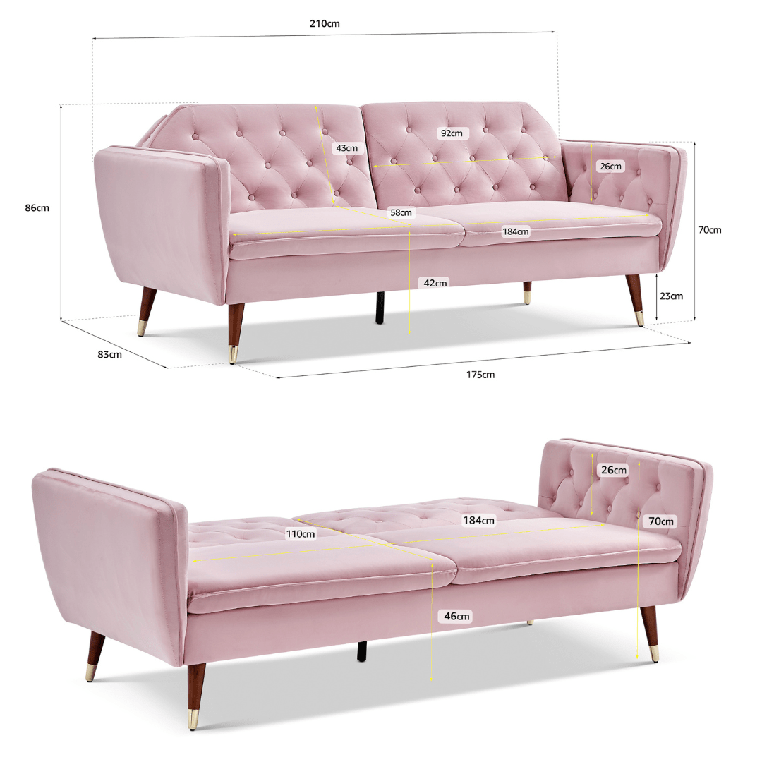 3 Seater Sofa Bed Pink Velvet Button Back - Victoria Bargainia