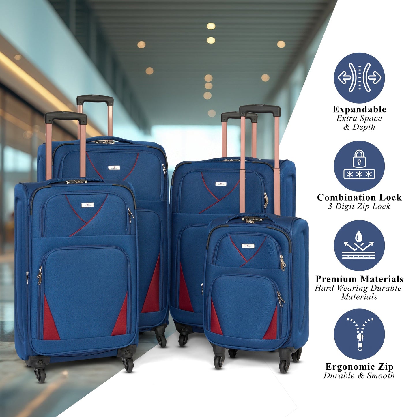 4-Wheel Suitcase Set Soft Shell Luggage, Set of 4 L,M,S,Cabin - Assorted Colours