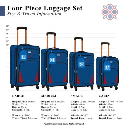 4-Wheel Suitcase Set Soft Shell Luggage, Set of 4 L,M,S,Cabin - Assorted Colours
