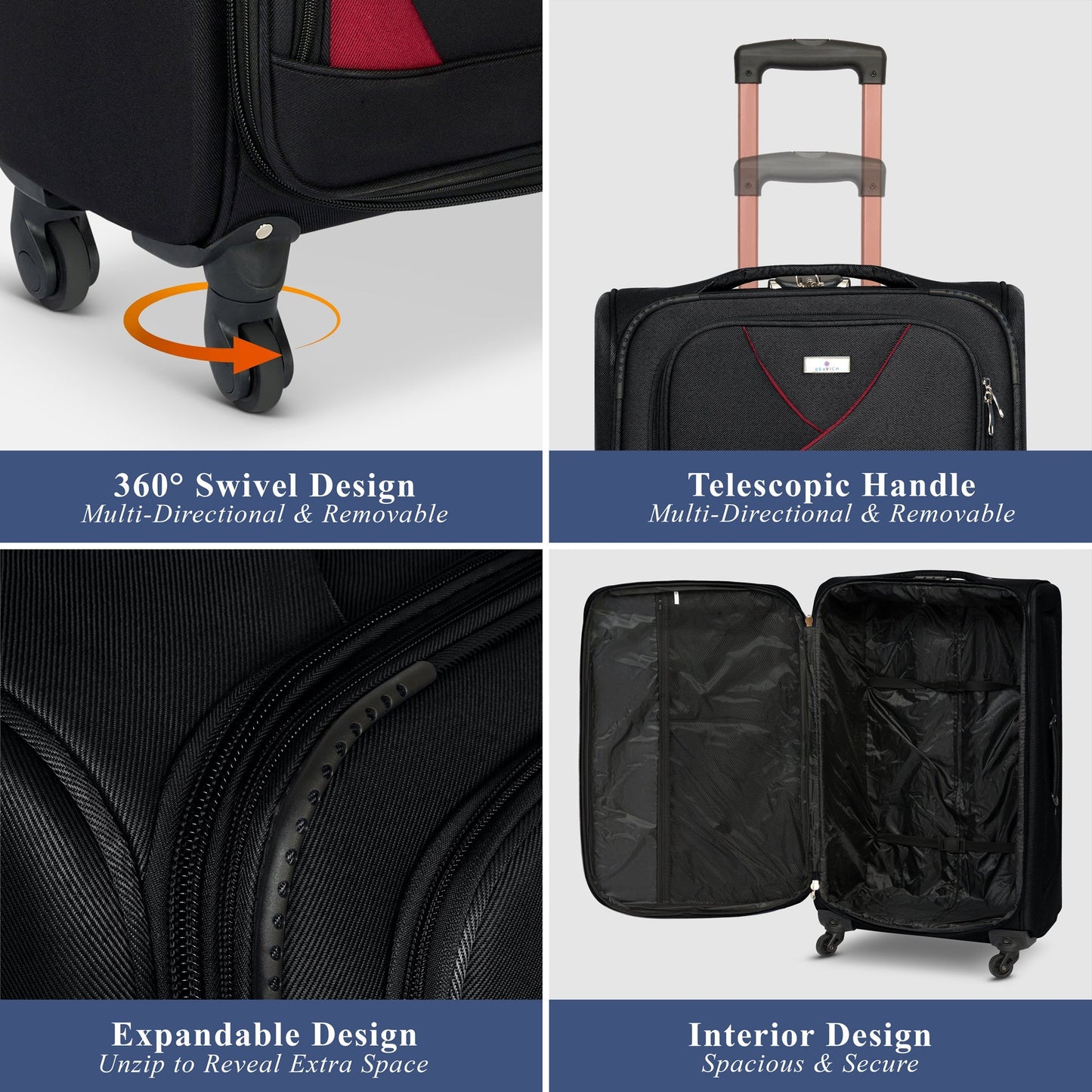 4-Wheel Suitcase Set Soft Shell Luggage, Set of 4 L,M,S,Cabin - Assorted Colours