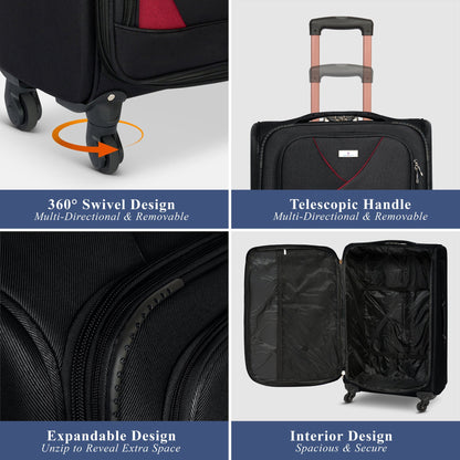 4-Wheel Suitcase Set Soft Shell Luggage, Set of 4 L,M,S,Cabin - Assorted Colours