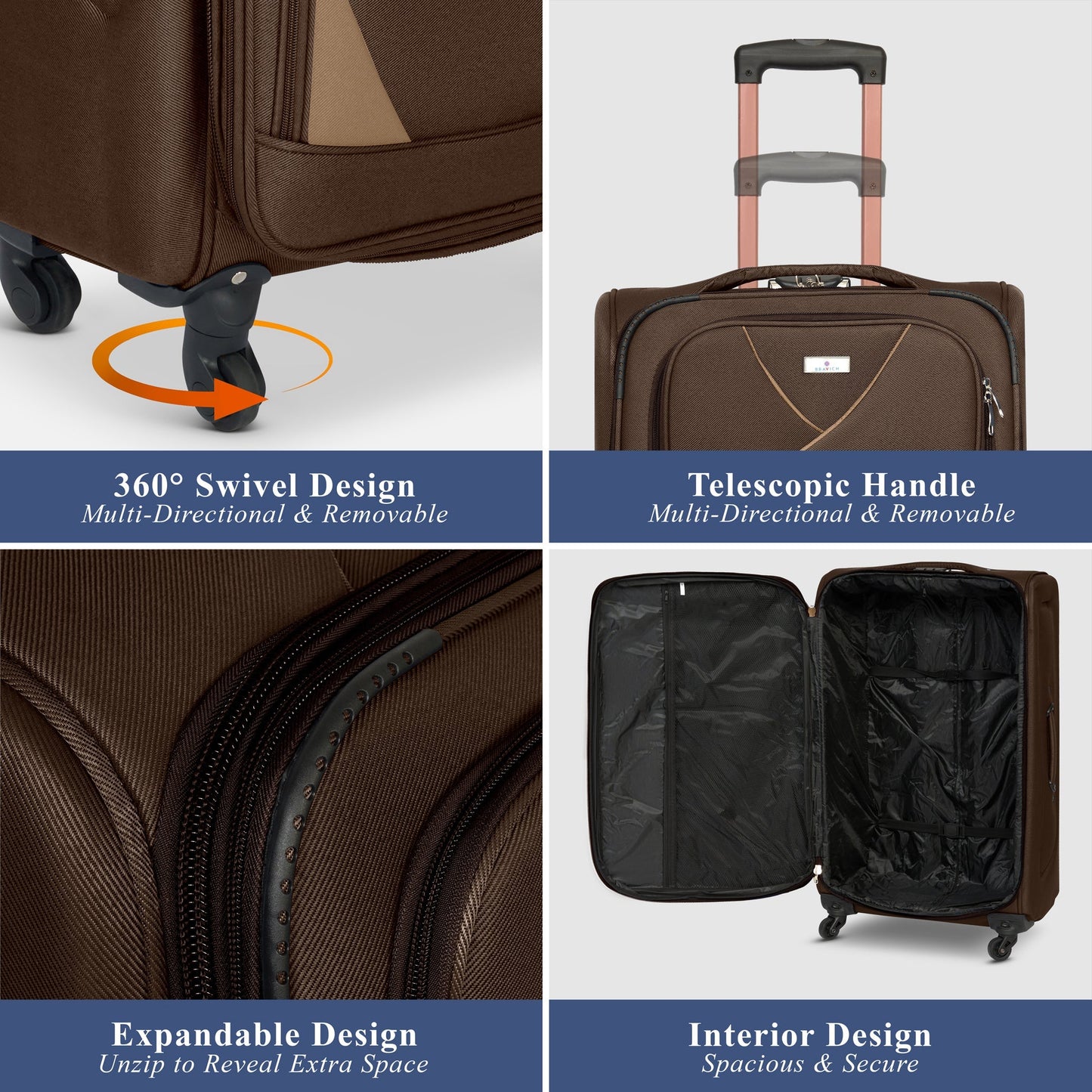 4-Wheel Suitcase Set Soft Shell Luggage, Set of 4 L,M,S,Cabin - Assorted Colours