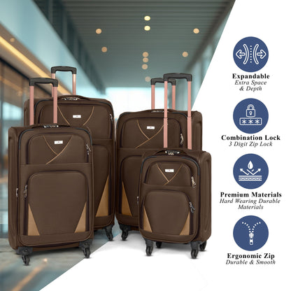 4-Wheel Suitcase Set Soft Shell Luggage, Set of 4 L,M,S,Cabin - Assorted Colours