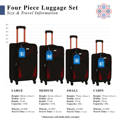 4-Wheel Suitcase Set Soft Shell Luggage, Set of 4 L,M,S,Cabin - Assorted Colours
