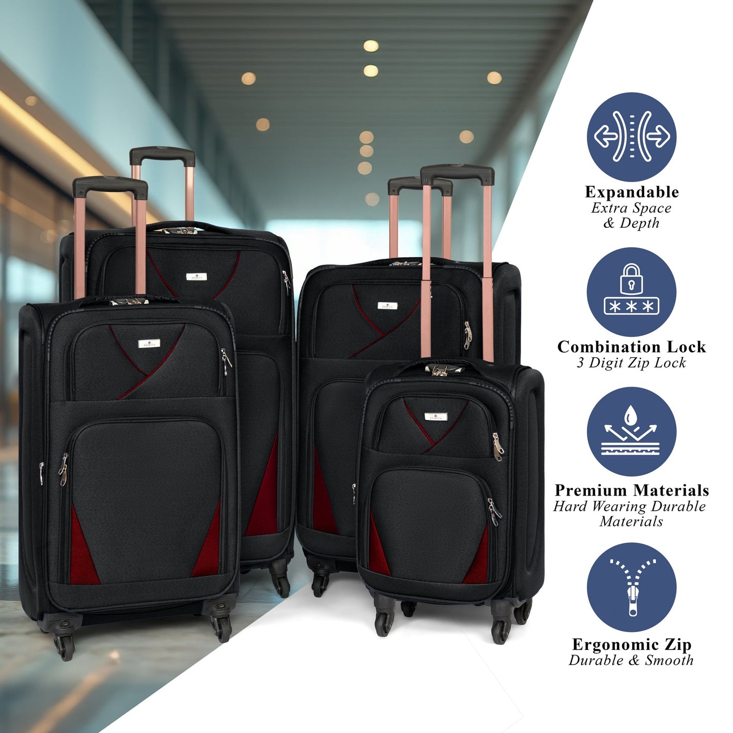 4-Wheel Suitcase Set Soft Shell Luggage, Set of 4 L,M,S,Cabin - Assorted Colours