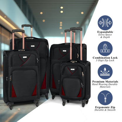 4-Wheel Suitcase Set Soft Shell Luggage, Set of 4 L,M,S,Cabin - Assorted Colours