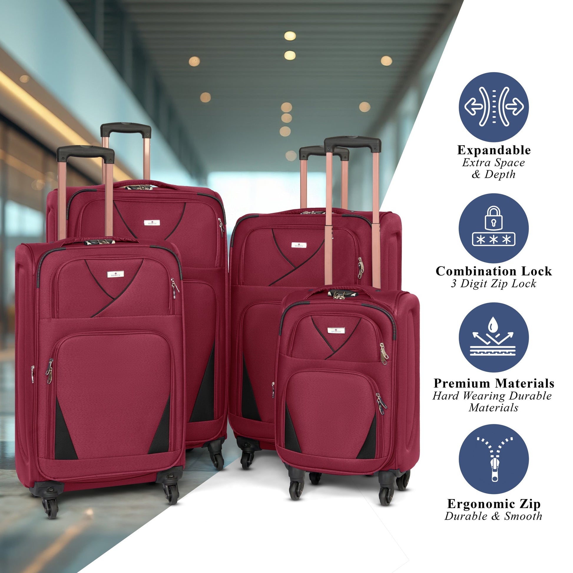 4-Wheel Suitcase Set Soft Shell Luggage, Set of 4 L,M,S,Cabin - Assorted Colours Bargainia
