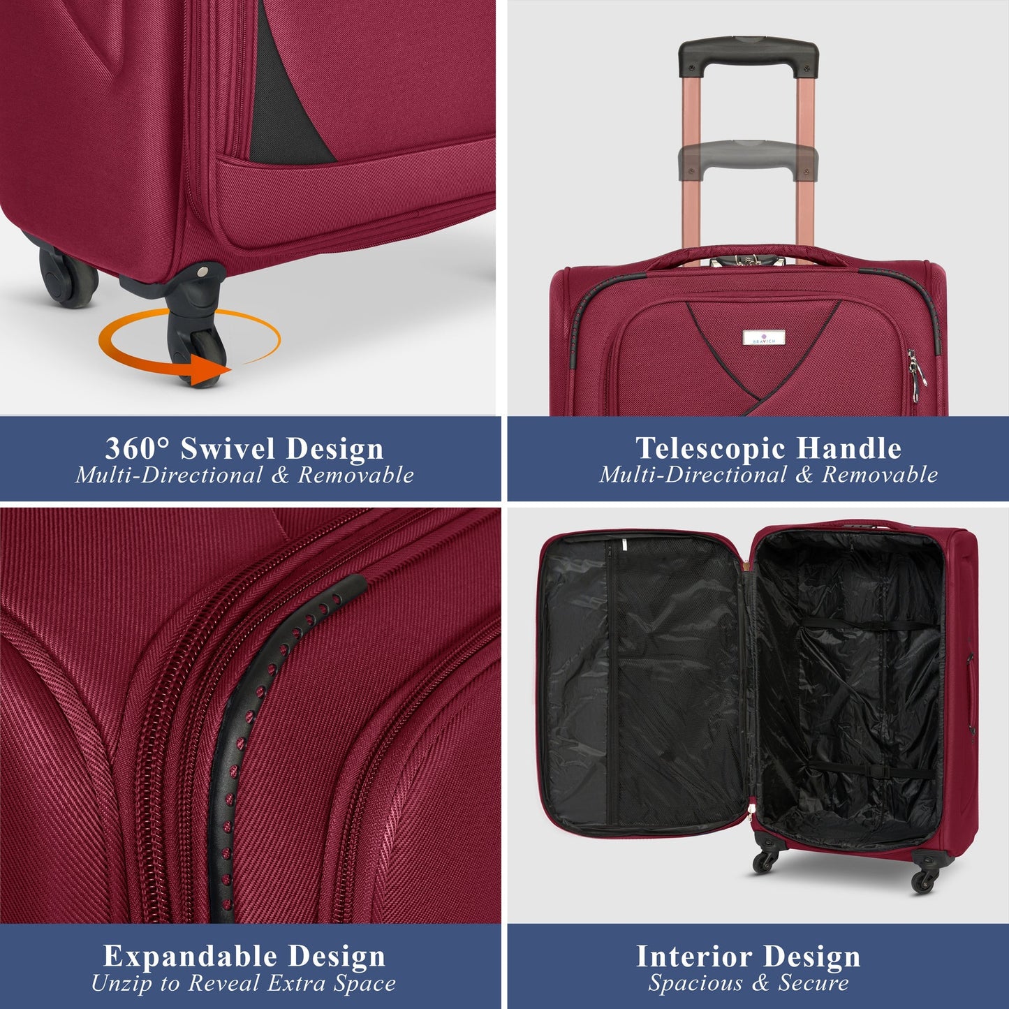 4-Wheel Suitcase Set Soft Shell Luggage, Set of 4 L,M,S,Cabin - Assorted Colours Bargainia