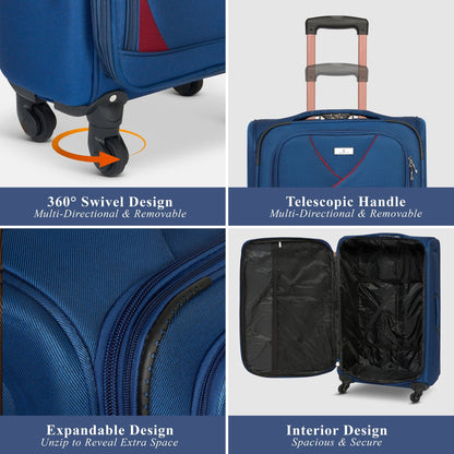 4-Wheel Suitcase Set Soft Shell Luggage, Set of 4 L,M,S,Cabin - Assorted Colours