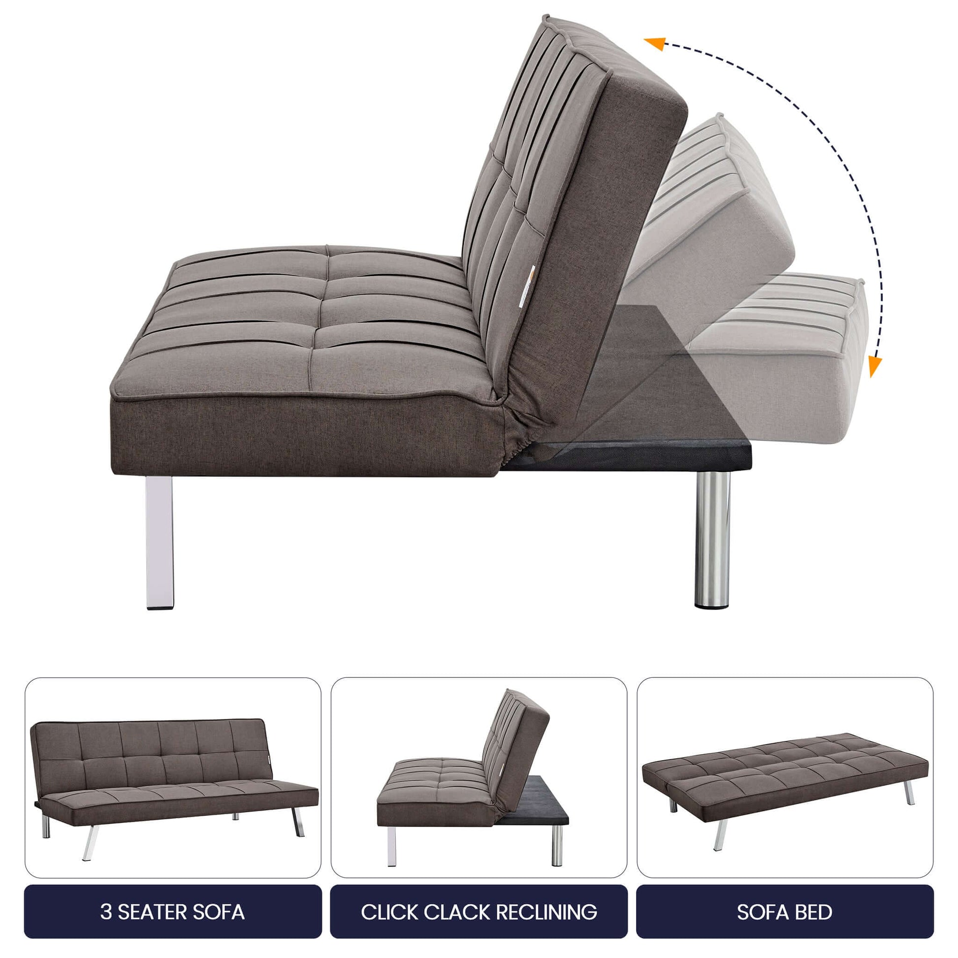 Britney Essentials 3 Seater Click Clack Sofa Bed - Brown-Bargainia.com