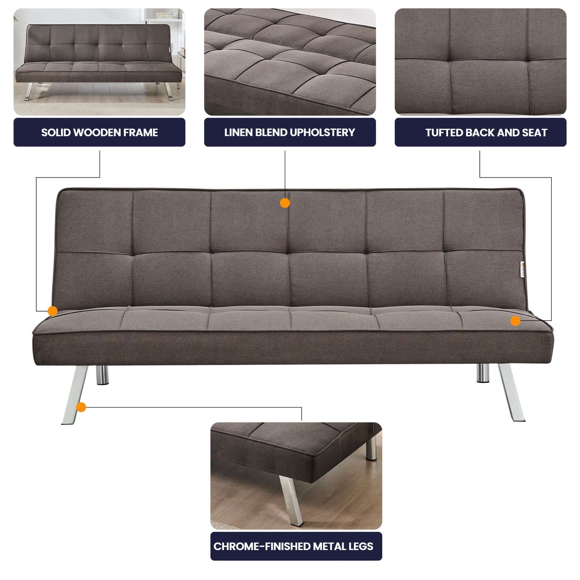 Britney Essentials 3 Seater Click Clack Sofa Bed - Brown-Bargainia.com