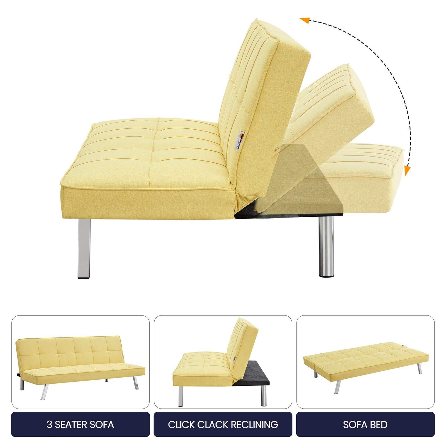 Britney Essentials 3 Seater Click Clack Sofa Bed - Yellow-Bargainia.com