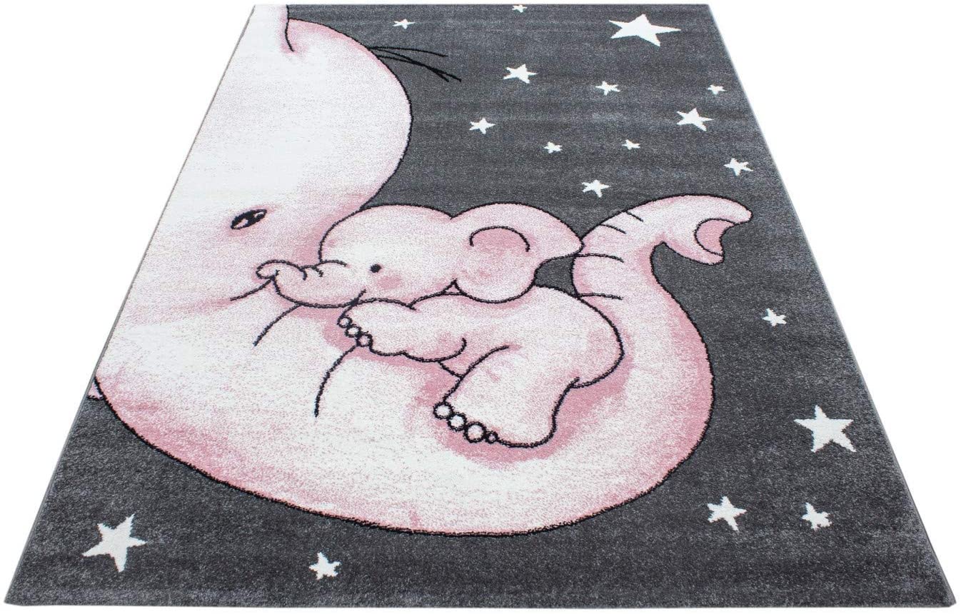 Pink Baby Elephant and Stars Rug | Kids Bedroom Rug | bargainia.com-Bargainia.com