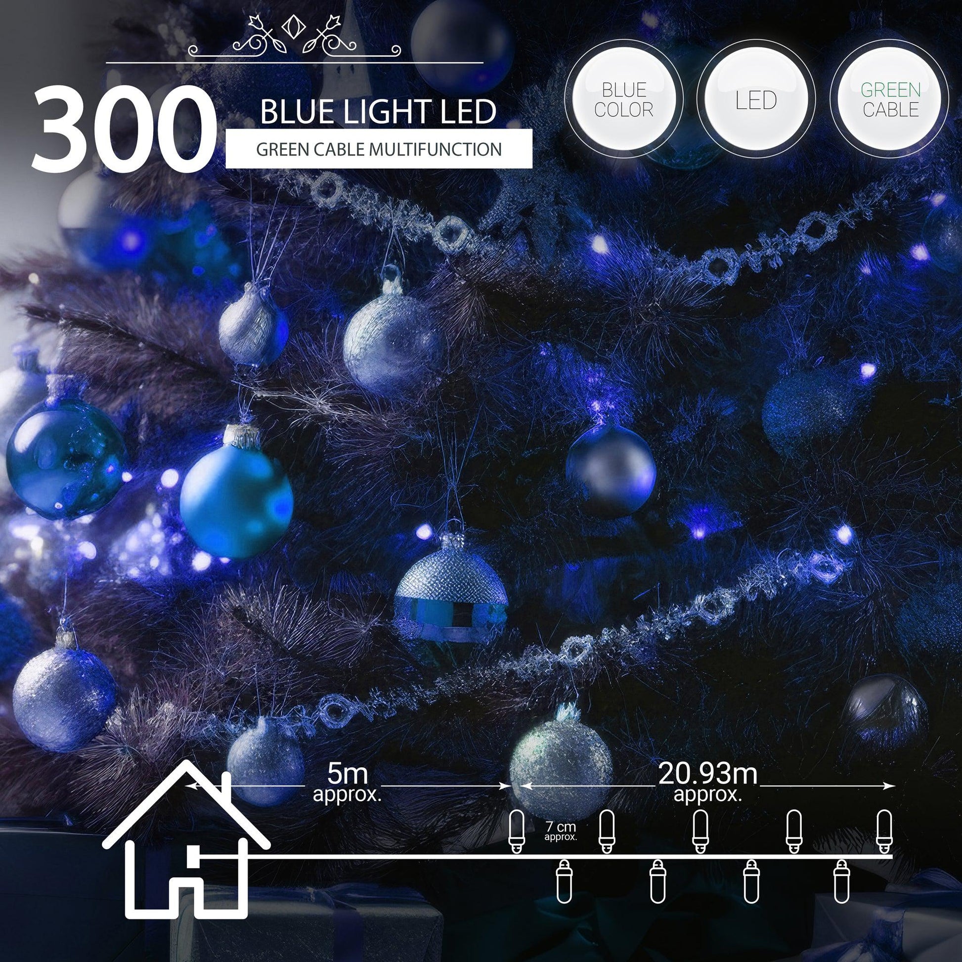 Indoor/Outdoor 8 Function LED Waterproof Fairy Lights with Green Cable (300) - Blue-8800225808229-Bargainia.com